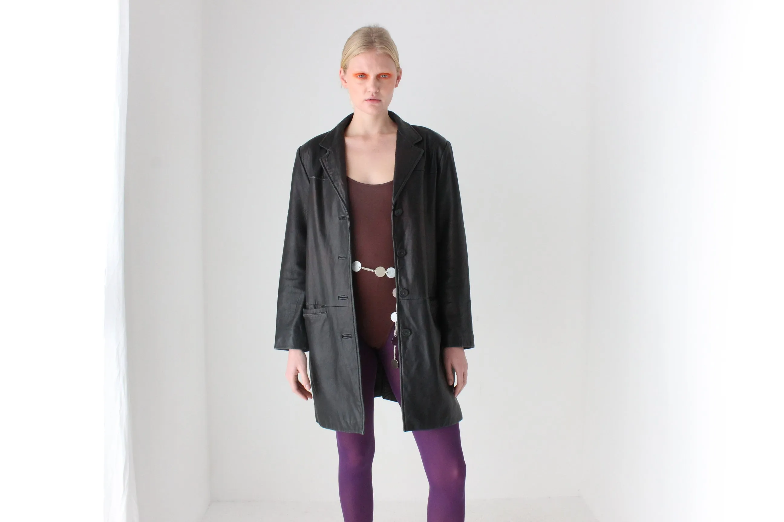 90s Adler Softest Lambskin Leather Classic Minimal Button Up Coat