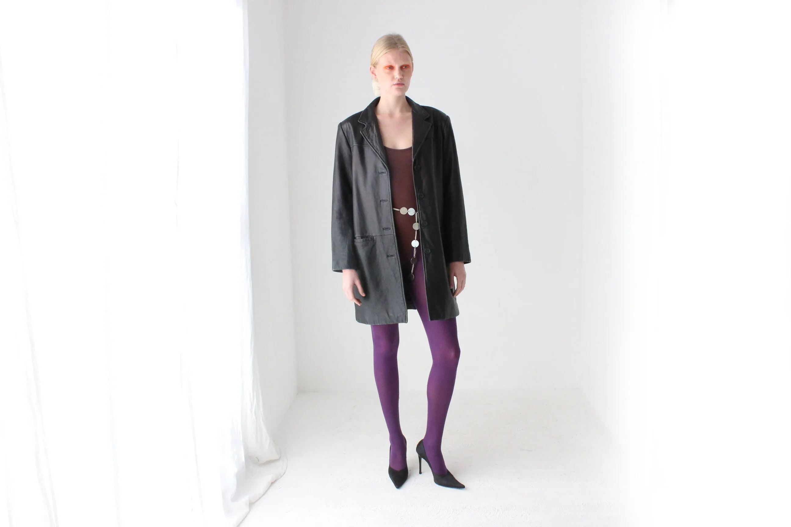 90s Adler Softest Lambskin Leather Classic Minimal Button Up Coat