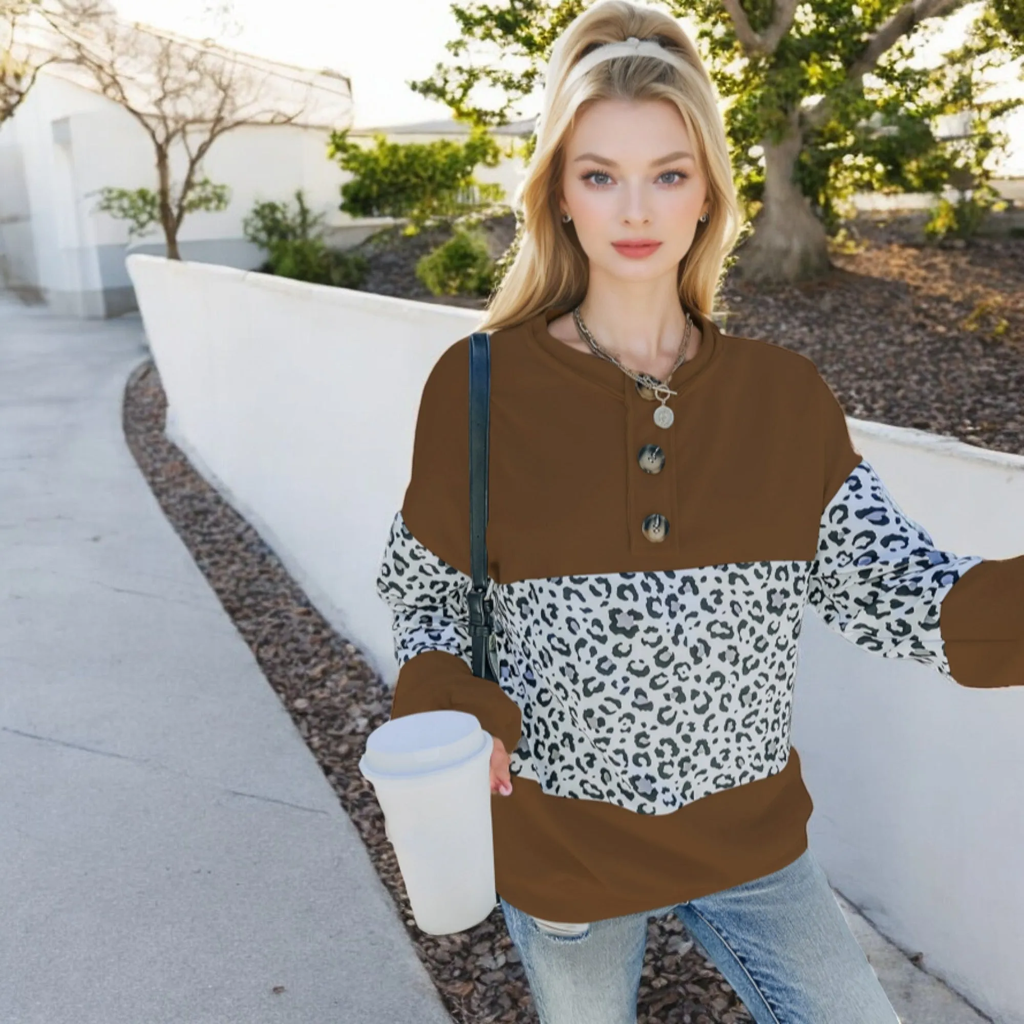 Anna-Kaci Women's Leopard Print Pullover Sweatshirt with Long Sleeves and Ribbed Cuffs