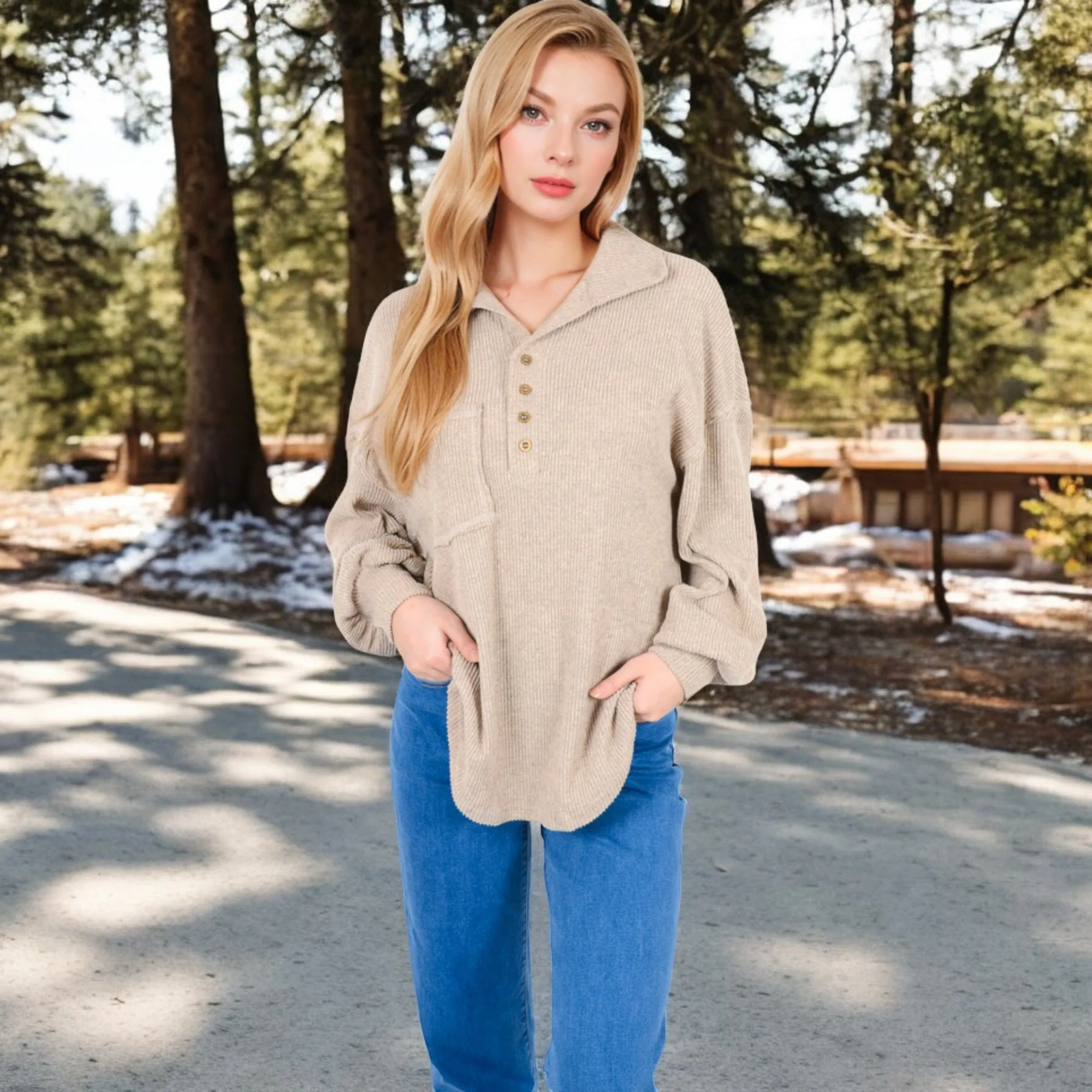 Anna-Kaci Women's Ribbed Knit Collared Pullover with Henley Buttons and Front Pocket