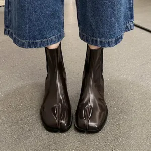 binfenxie  -  New Elastic Overshoes Women Low Heel Flat Bottom Split Toe Pig Trotters Shoes British Style Motorcycle Boots Autumn Winter