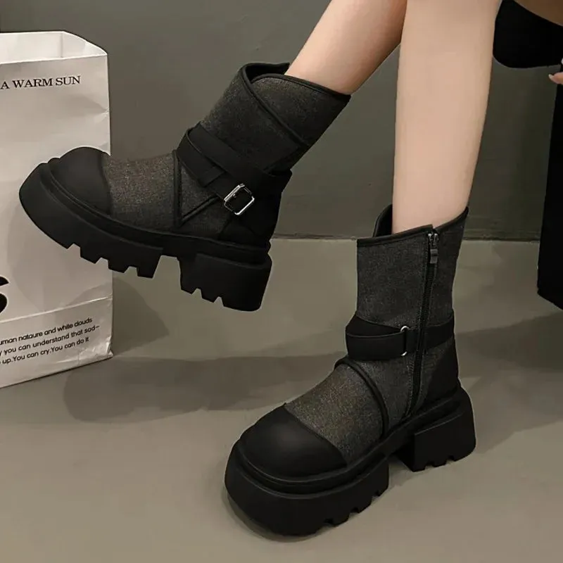 binfenxie  -  Women Belt Buckle Chelsea Boots Autumn Winter Fashion New Motorcycle Boots Thick Base Height Increase Shoes Women Cowboy Shoes