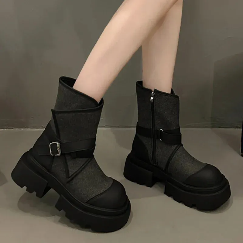 binfenxie  -  Women Belt Buckle Chelsea Boots Autumn Winter Fashion New Motorcycle Boots Thick Base Height Increase Shoes Women Cowboy Shoes