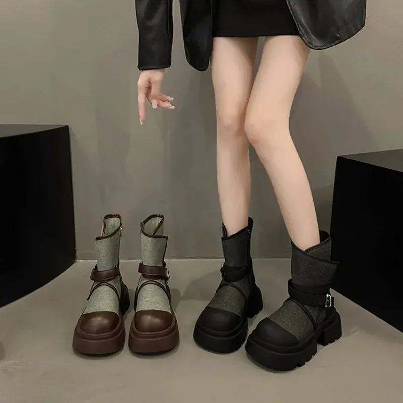 binfenxie  -  Women Belt Buckle Chelsea Boots Autumn Winter Fashion New Motorcycle Boots Thick Base Height Increase Shoes Women Cowboy Shoes