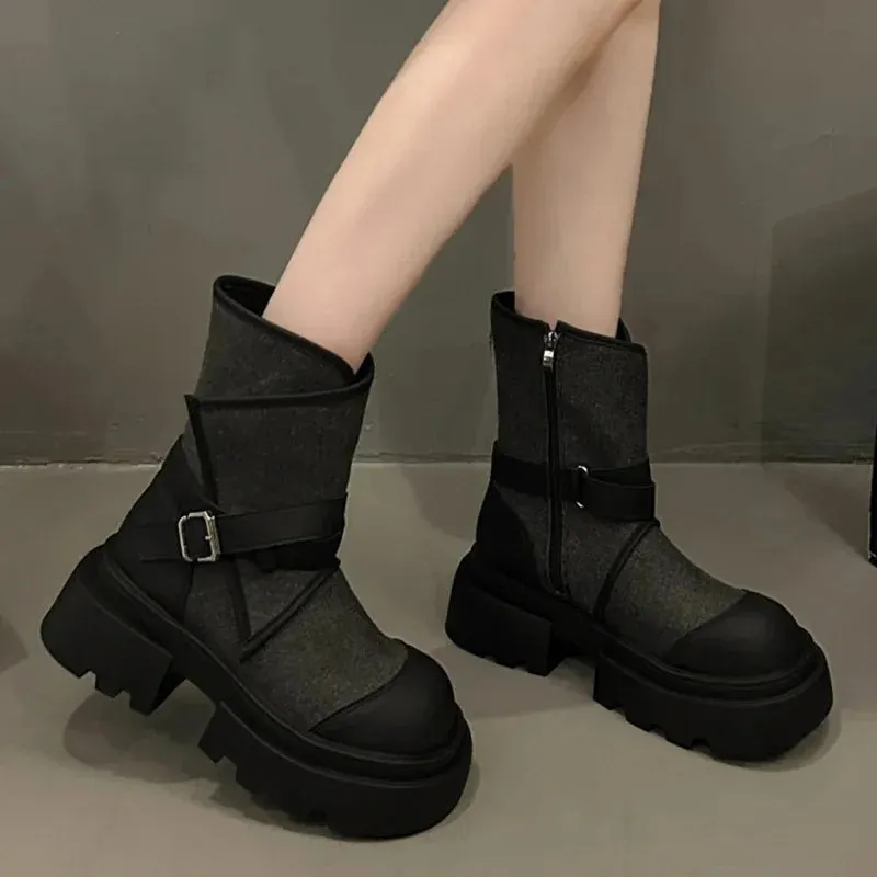 binfenxie  -  Women Belt Buckle Chelsea Boots Autumn Winter Fashion New Motorcycle Boots Thick Base Height Increase Shoes Women Cowboy Shoes