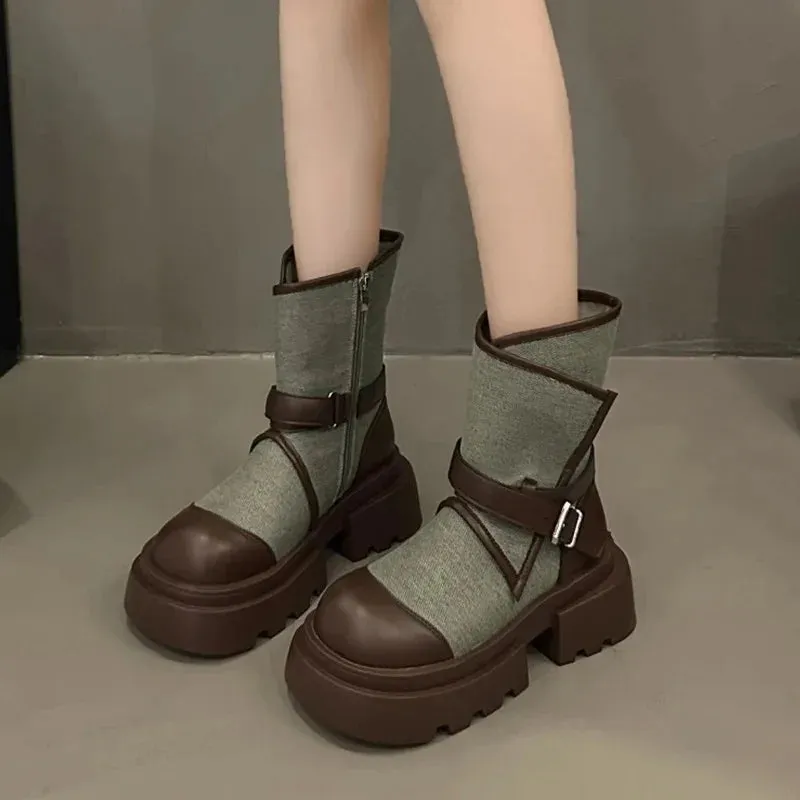 binfenxie  -  Women Belt Buckle Chelsea Boots Autumn Winter Fashion New Motorcycle Boots Thick Base Height Increase Shoes Women Cowboy Shoes