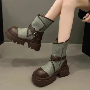 binfenxie  -  Women Belt Buckle Chelsea Boots Autumn Winter Fashion New Motorcycle Boots Thick Base Height Increase Shoes Women Cowboy Shoes