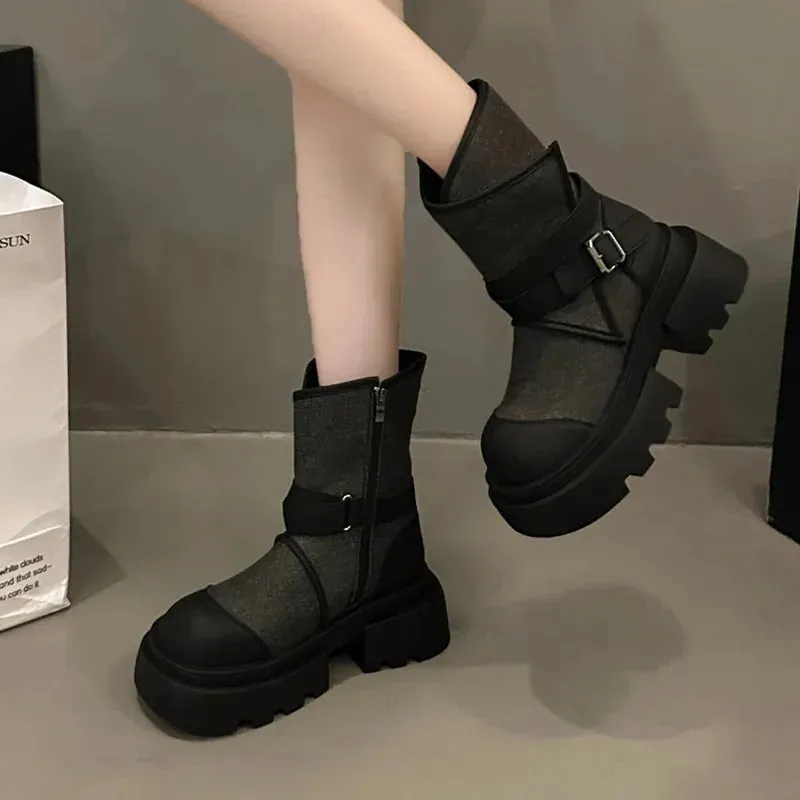 binfenxie  -  Women Belt Buckle Chelsea Boots Autumn Winter Fashion New Motorcycle Boots Thick Base Height Increase Shoes Women Cowboy Shoes