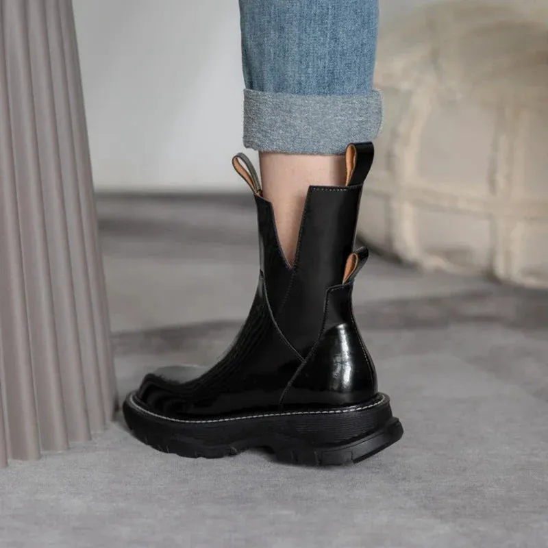 binfenxie  Women Shoes Round Toe Platform Boots Genuine Leather Ankle Boots for Women Cool Motorcycle Boots Tooling Style Girls Boots