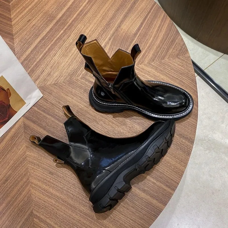 binfenxie  Women Shoes Round Toe Platform Boots Genuine Leather Ankle Boots for Women Cool Motorcycle Boots Tooling Style Girls Boots