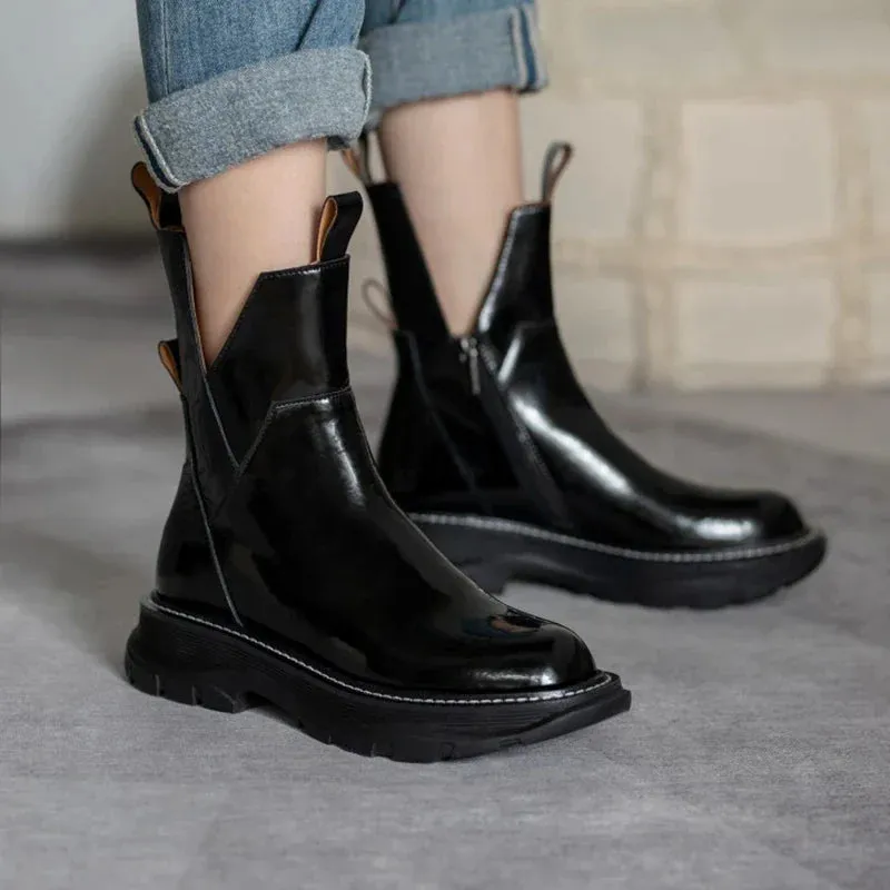 binfenxie  Women Shoes Round Toe Platform Boots Genuine Leather Ankle Boots for Women Cool Motorcycle Boots Tooling Style Girls Boots