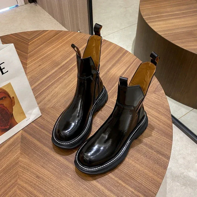binfenxie  Women Shoes Round Toe Platform Boots Genuine Leather Ankle Boots for Women Cool Motorcycle Boots Tooling Style Girls Boots