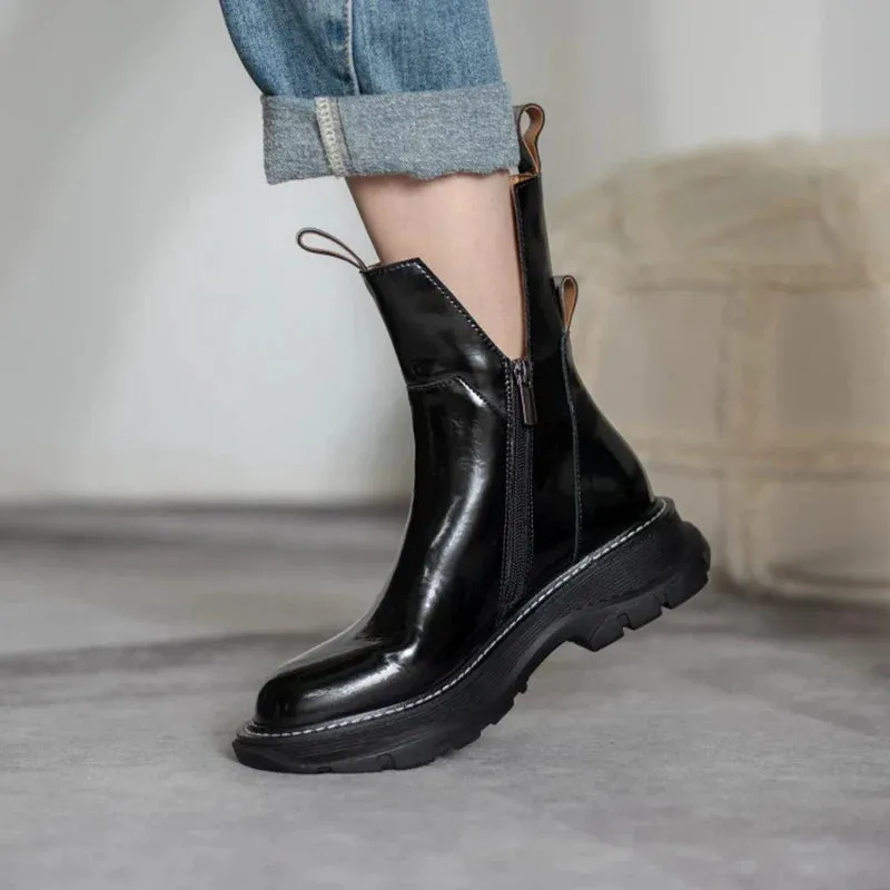 binfenxie  Women Shoes Round Toe Platform Boots Genuine Leather Ankle Boots for Women Cool Motorcycle Boots Tooling Style Girls Boots