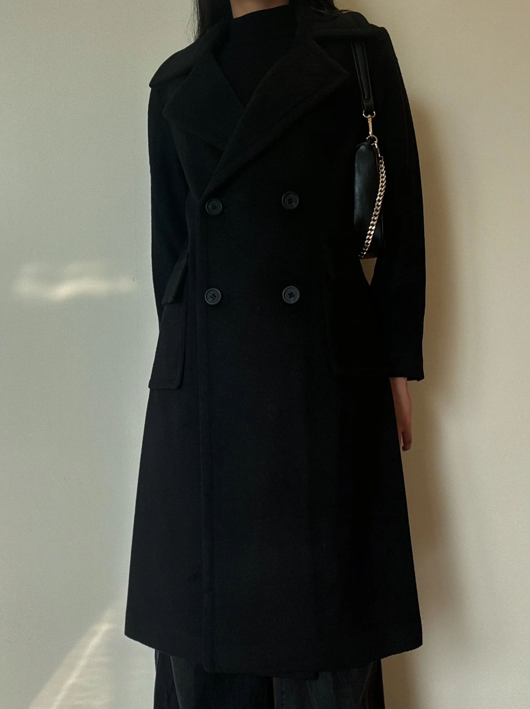 Black Double Breasted Long Coat (50% Wool)