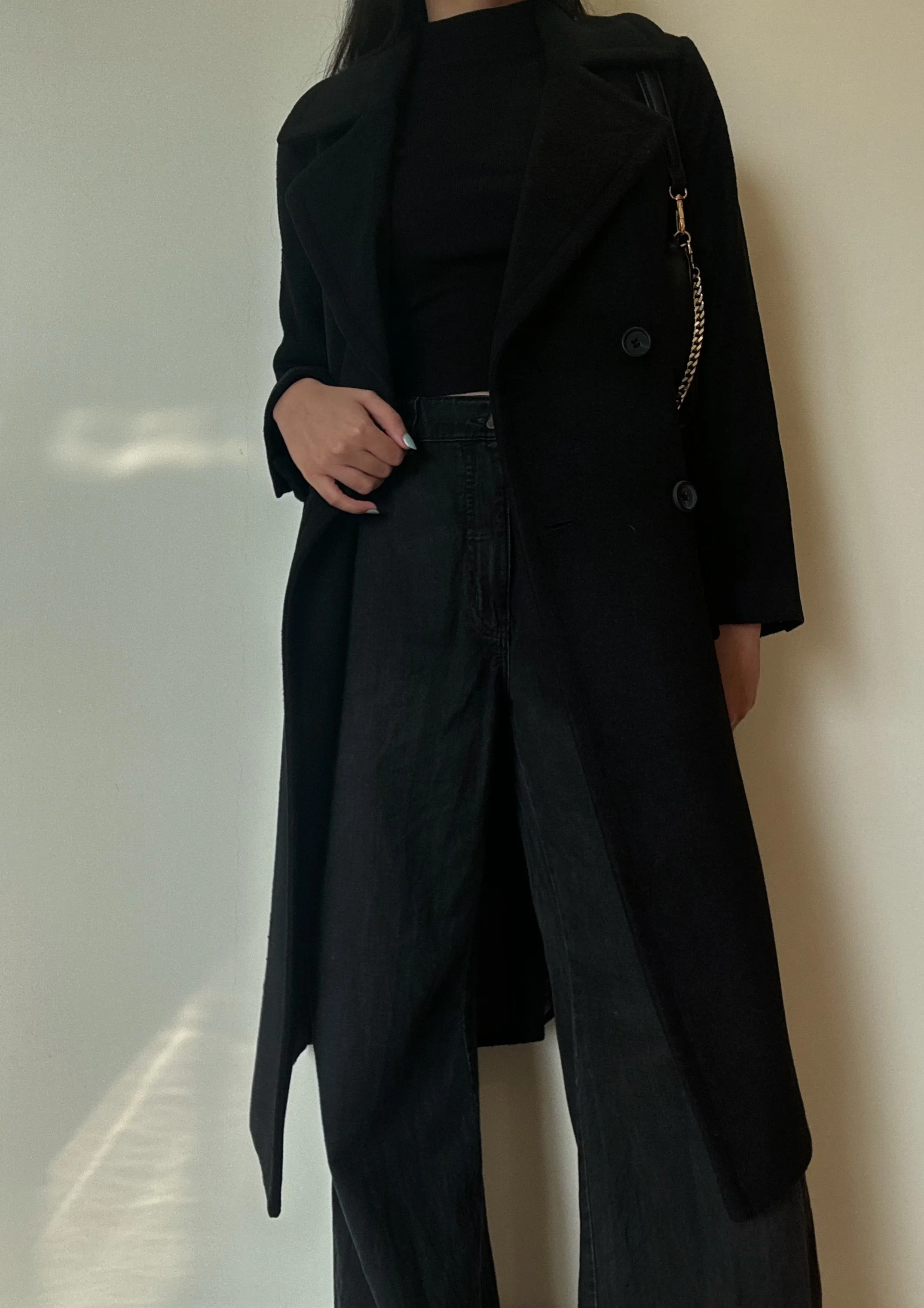 Black Double Breasted Long Coat (50% Wool)
