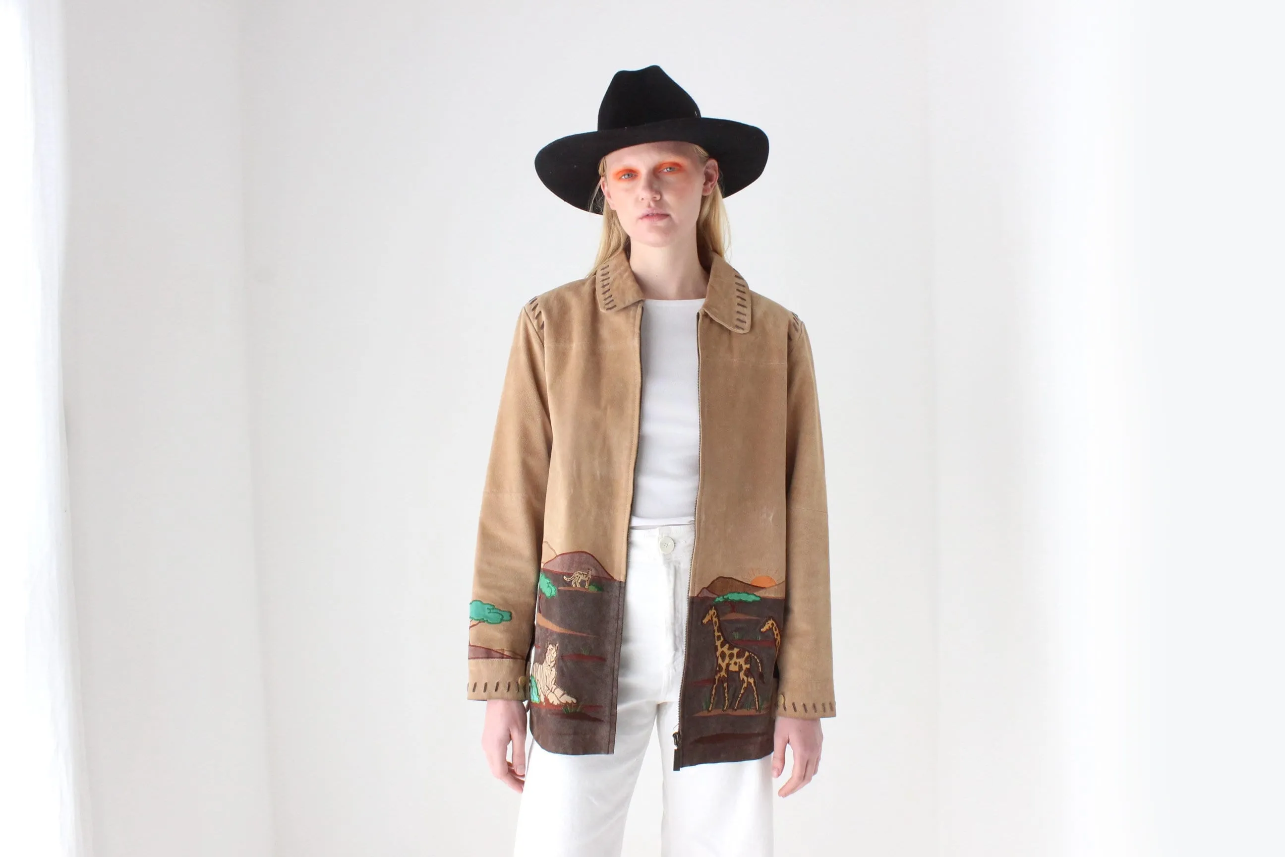 Delightful 90s Suede Safari Scenery Zip Front Jacket