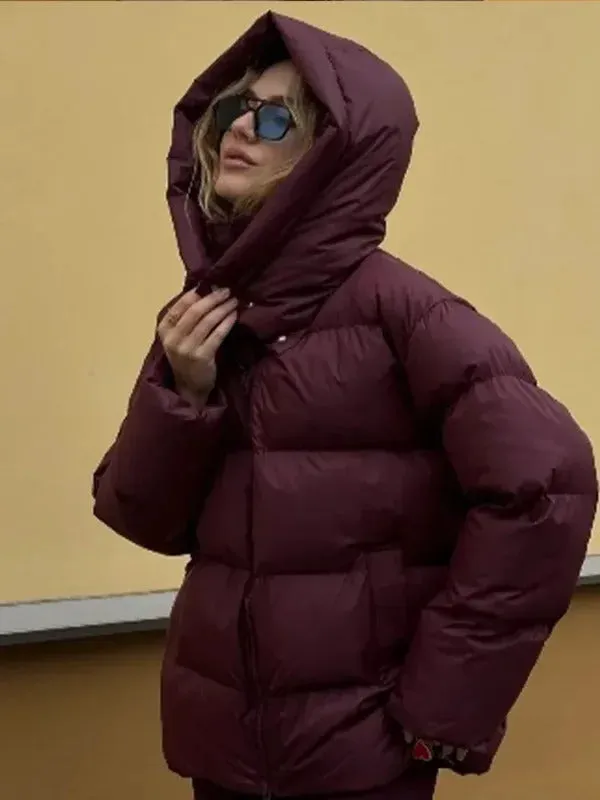 Fashion Burgundy Hooded Cotton Coats Vintage Lady Lapel Long Sleeve Zipper Quilted Jacket 2024 Winter Lady Warm Street Outerwear