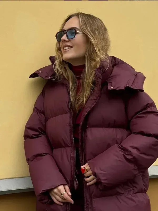 Fashion Burgundy Hooded Cotton Coats Vintage Lady Lapel Long Sleeve Zipper Quilted Jacket 2024 Winter Lady Warm Street Outerwear