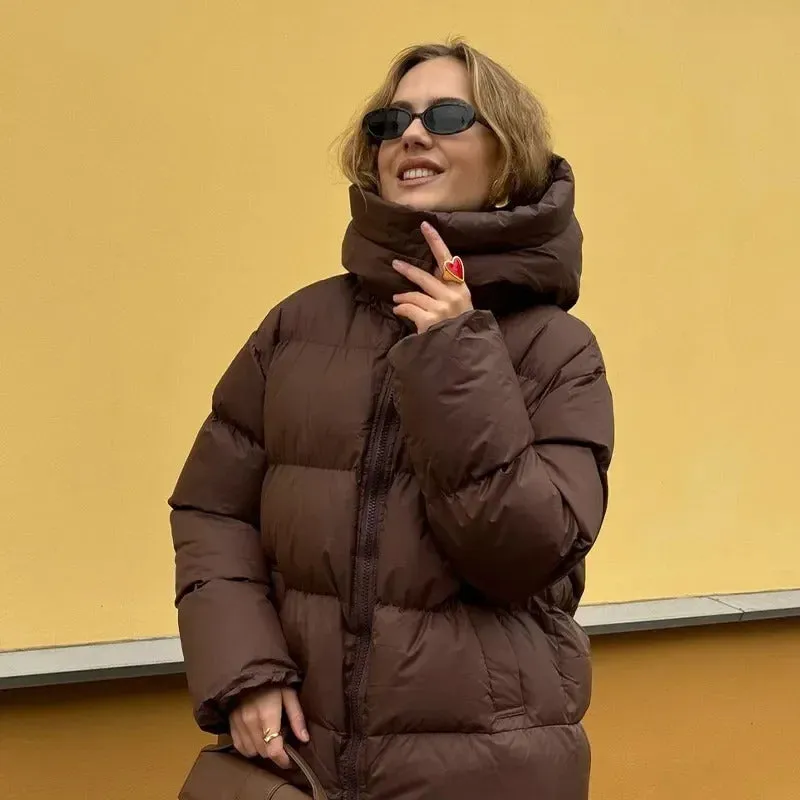 Fashion Burgundy Hooded Cotton Coats Vintage Lady Lapel Long Sleeve Zipper Quilted Jacket 2024 Winter Lady Warm Street Outerwear