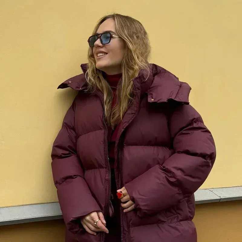 Fashion Burgundy Hooded Cotton Coats Vintage Lady Lapel Long Sleeve Zipper Quilted Jacket 2024 Winter Lady Warm Street Outerwear