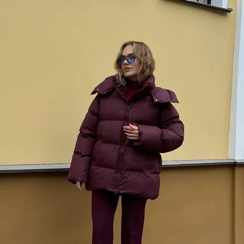 Fashion Burgundy Hooded Cotton Coats Vintage Lady Lapel Long Sleeve Zipper Quilted Jacket 2024 Winter Lady Warm Street Outerwear
