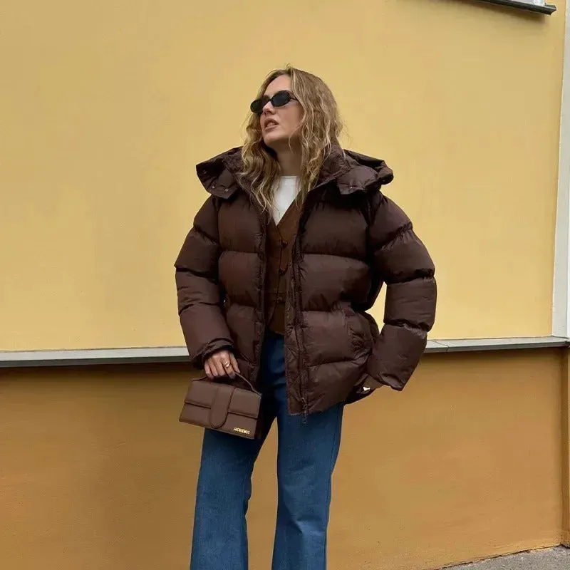 Fashion Burgundy Hooded Cotton Coats Vintage Lady Lapel Long Sleeve Zipper Quilted Jacket 2024 Winter Lady Warm Street Outerwear