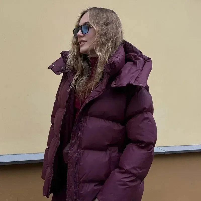 Fashion Burgundy Hooded Cotton Coats Vintage Lady Lapel Long Sleeve Zipper Quilted Jacket 2024 Winter Lady Warm Street Outerwear