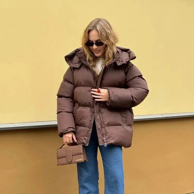 Fashion Burgundy Hooded Cotton Coats Vintage Lady Lapel Long Sleeve Zipper Quilted Jacket 2024 Winter Lady Warm Street Outerwear