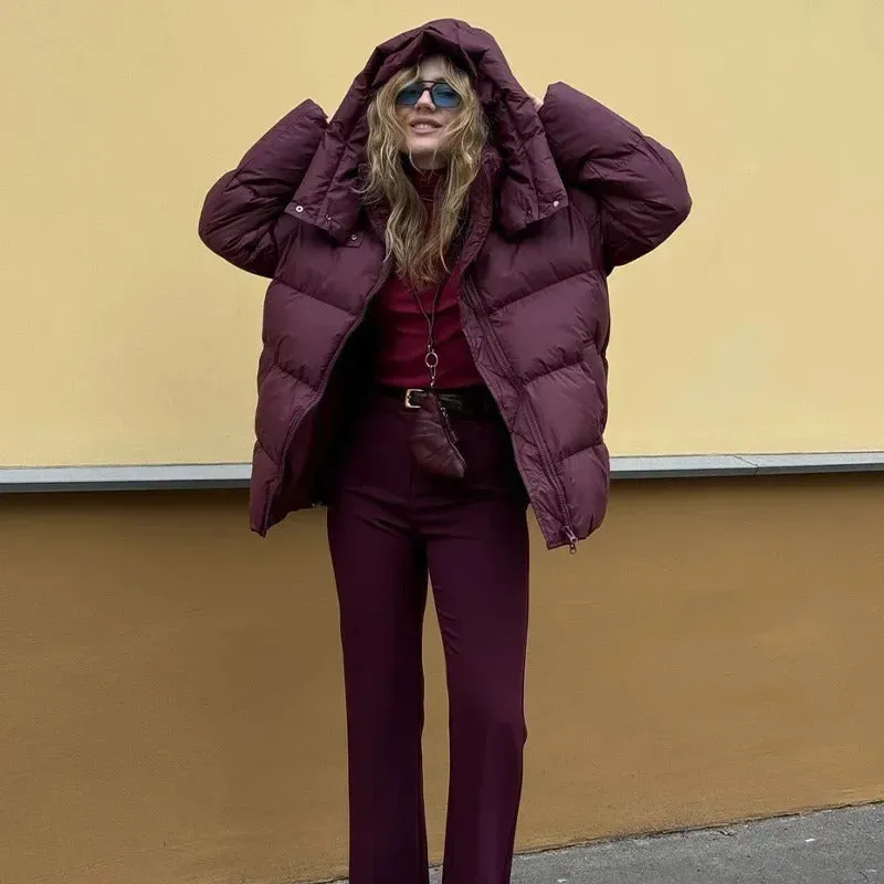Fashion Burgundy Hooded Cotton Coats Vintage Lady Lapel Long Sleeve Zipper Quilted Jacket 2024 Winter Lady Warm Street Outerwear