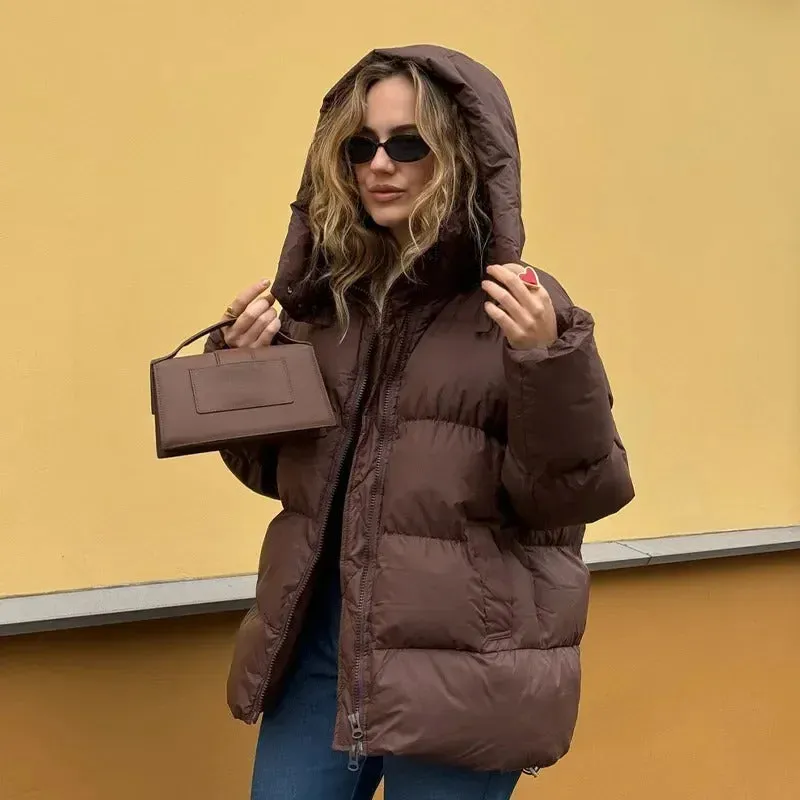 Fashion Burgundy Hooded Cotton Coats Vintage Lady Lapel Long Sleeve Zipper Quilted Jacket 2024 Winter Lady Warm Street Outerwear