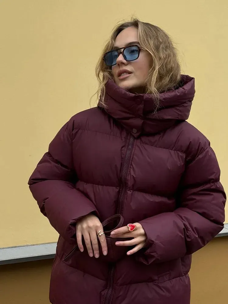 Fashion Burgundy Hooded Cotton Coats Vintage Lady Lapel Long Sleeve Zipper Quilted Jacket 2024 Winter Lady Warm Street Outerwear