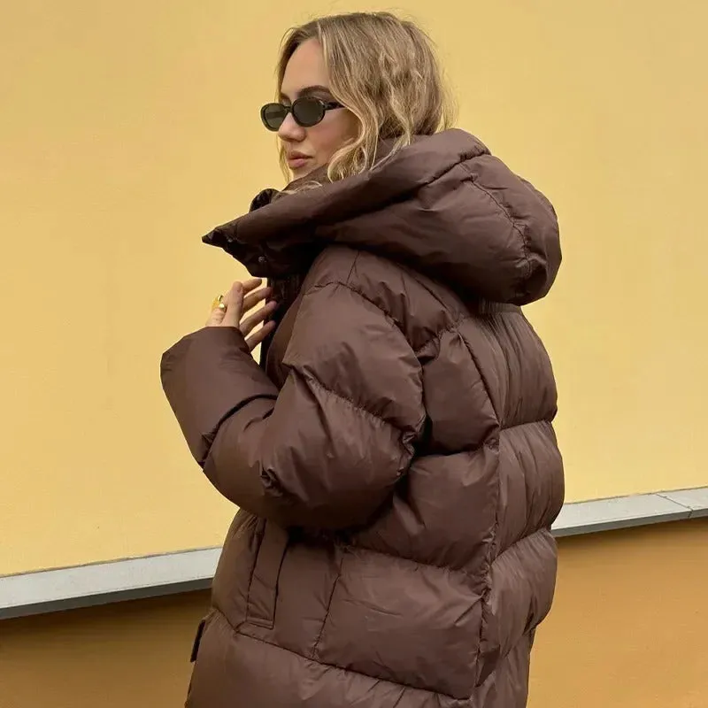 Fashion Burgundy Hooded Cotton Coats Vintage Lady Lapel Long Sleeve Zipper Quilted Jacket 2024 Winter Lady Warm Street Outerwear