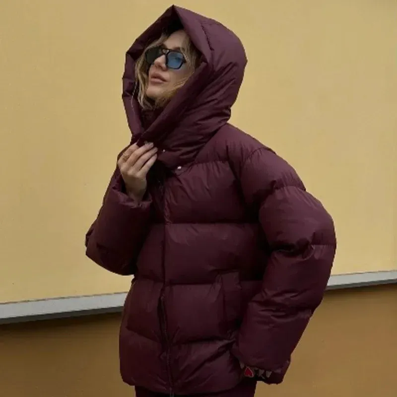 Fashion Burgundy Hooded Cotton Coats Vintage Lady Lapel Long Sleeve Zipper Quilted Jacket 2024 Winter Lady Warm Street Outerwear