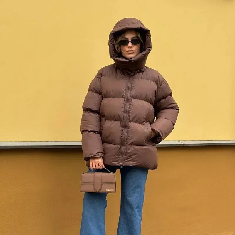 Fashion Burgundy Hooded Cotton Coats Vintage Lady Lapel Long Sleeve Zipper Quilted Jacket 2024 Winter Lady Warm Street Outerwear