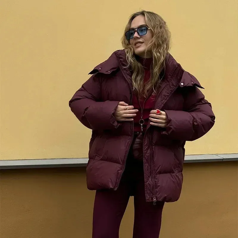 Fashion Burgundy Hooded Cotton Coats Vintage Lady Lapel Long Sleeve Zipper Quilted Jacket 2024 Winter Lady Warm Street Outerwear