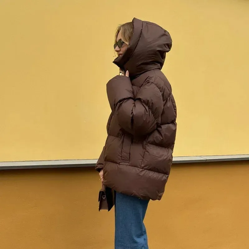 Fashion Burgundy Hooded Cotton Coats Vintage Lady Lapel Long Sleeve Zipper Quilted Jacket 2024 Winter Lady Warm Street Outerwear