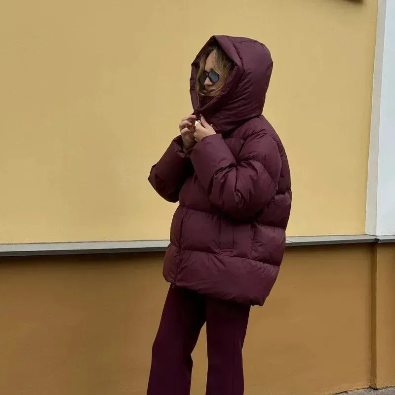 Fashion Burgundy Hooded Cotton Coats Vintage Lady Lapel Long Sleeve Zipper Quilted Jacket 2024 Winter Lady Warm Street Outerwear