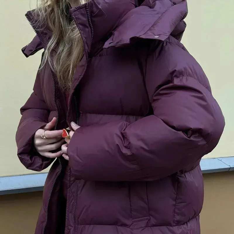 Fashion Burgundy Hooded Cotton Coats Vintage Lady Lapel Long Sleeve Zipper Quilted Jacket 2024 Winter Lady Warm Street Outerwear