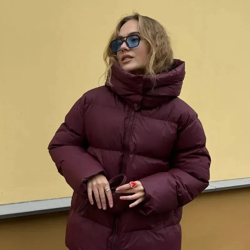 Fashion Burgundy Hooded Cotton Coats Vintage Lady Lapel Long Sleeve Zipper Quilted Jacket 2024 Winter Lady Warm Street Outerwear