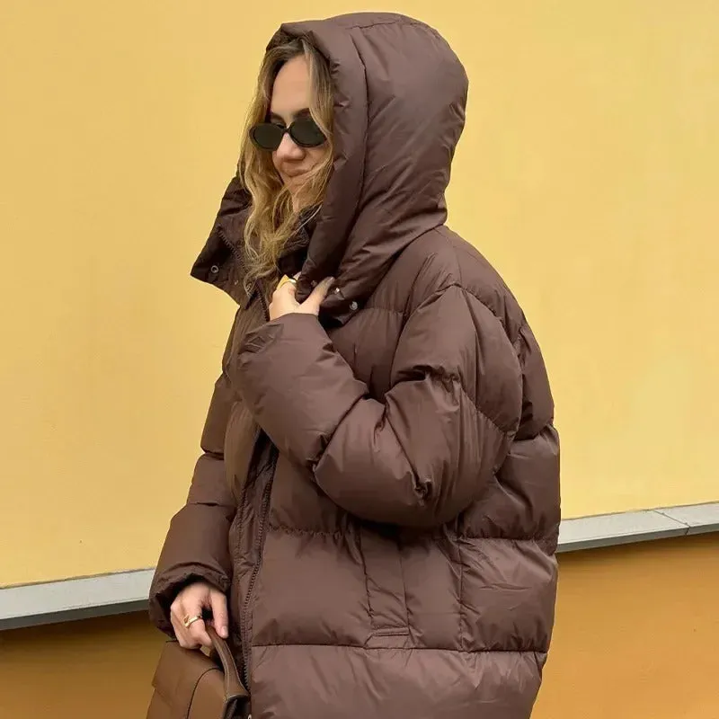 Fashion Burgundy Hooded Cotton Coats Vintage Lady Lapel Long Sleeve Zipper Quilted Jacket 2024 Winter Lady Warm Street Outerwear