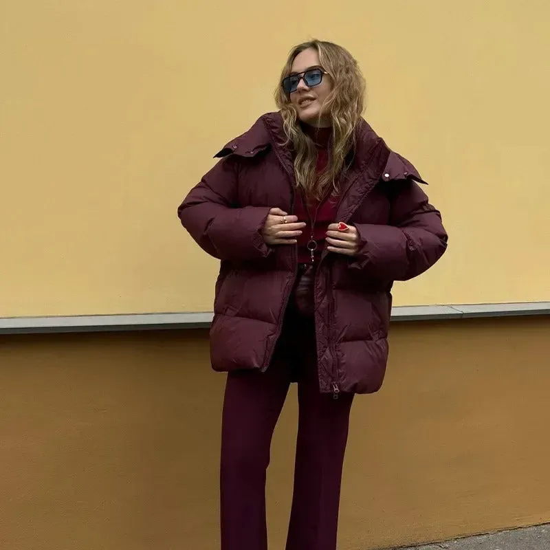 Fashion Burgundy Hooded Cotton Coats Vintage Lady Lapel Long Sleeve Zipper Quilted Jacket 2024 Winter Lady Warm Street Outerwear