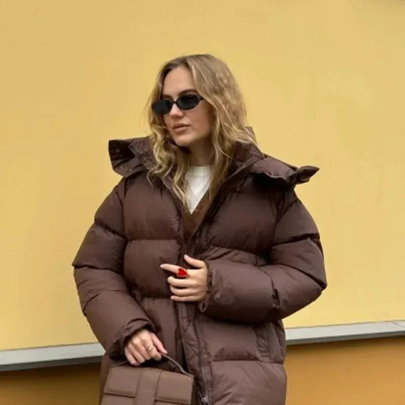 Fashion Burgundy Hooded Cotton Coats Vintage Lady Lapel Long Sleeve Zipper Quilted Jacket 2024 Winter Lady Warm Street Outerwear