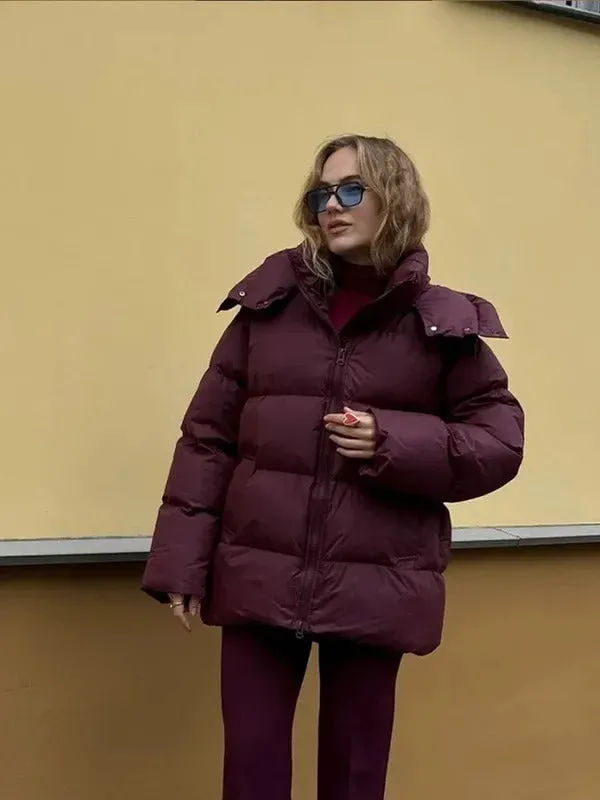Fashion Burgundy Hooded Cotton Coats Vintage Lady Lapel Long Sleeve Zipper Quilted Jacket 2024 Winter Lady Warm Street Outerwear