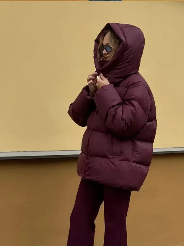 Fashion Burgundy Hooded Cotton Coats Vintage Lady Lapel Long Sleeve Zipper Quilted Jacket 2024 Winter Lady Warm Street Outerwear