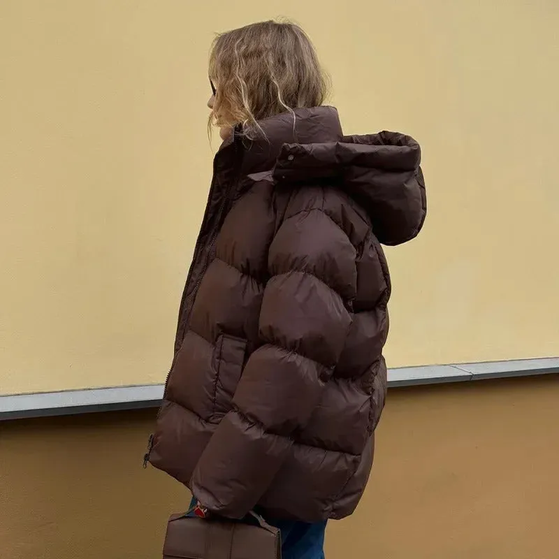 Fashion Burgundy Hooded Cotton Coats Vintage Lady Lapel Long Sleeve Zipper Quilted Jacket 2024 Winter Lady Warm Street Outerwear