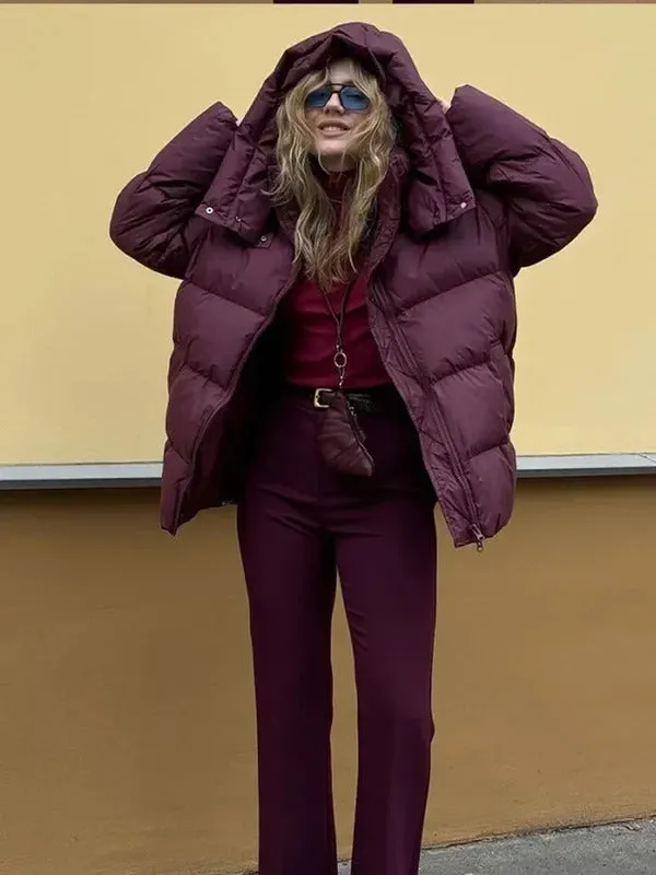 Fashion Burgundy Hooded Cotton Coats Vintage Lady Lapel Long Sleeve Zipper Quilted Jacket 2024 Winter Lady Warm Street Outerwear
