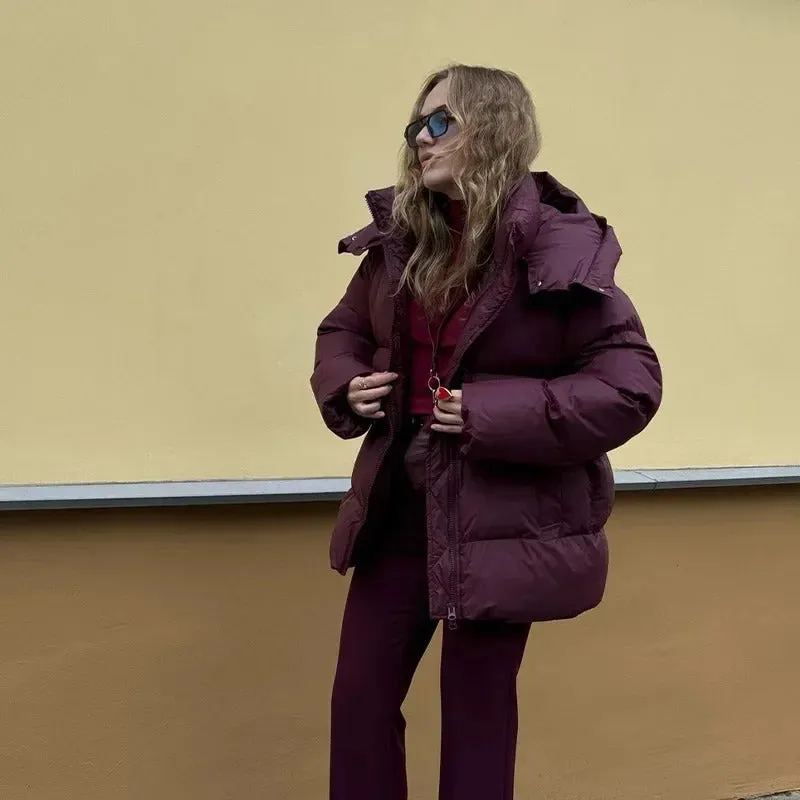 Fashion Burgundy Hooded Cotton Coats Vintage Lady Lapel Long Sleeve Zipper Quilted Jacket 2024 Winter Lady Warm Street Outerwear