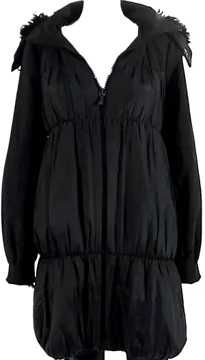 Iceberg Italy. Black Silk Fur Lined Hooded Striped Quilted Puffer Coat