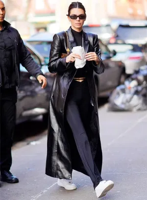 KENDALL JENNER Black Leather Long Coat Trench