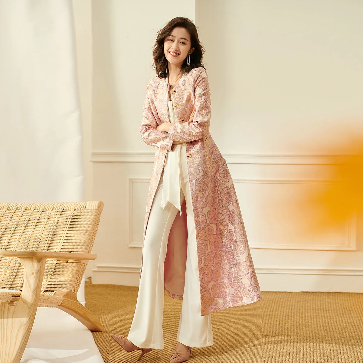 Luxury nude pink gold jacquard embroidery rose long exquisite coat- Nia